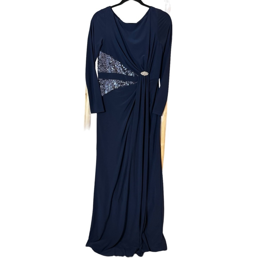 Adrianna Papell Navy Long Sleeve Sequin Formal Evening Gown Maxi Dress 6 MOB